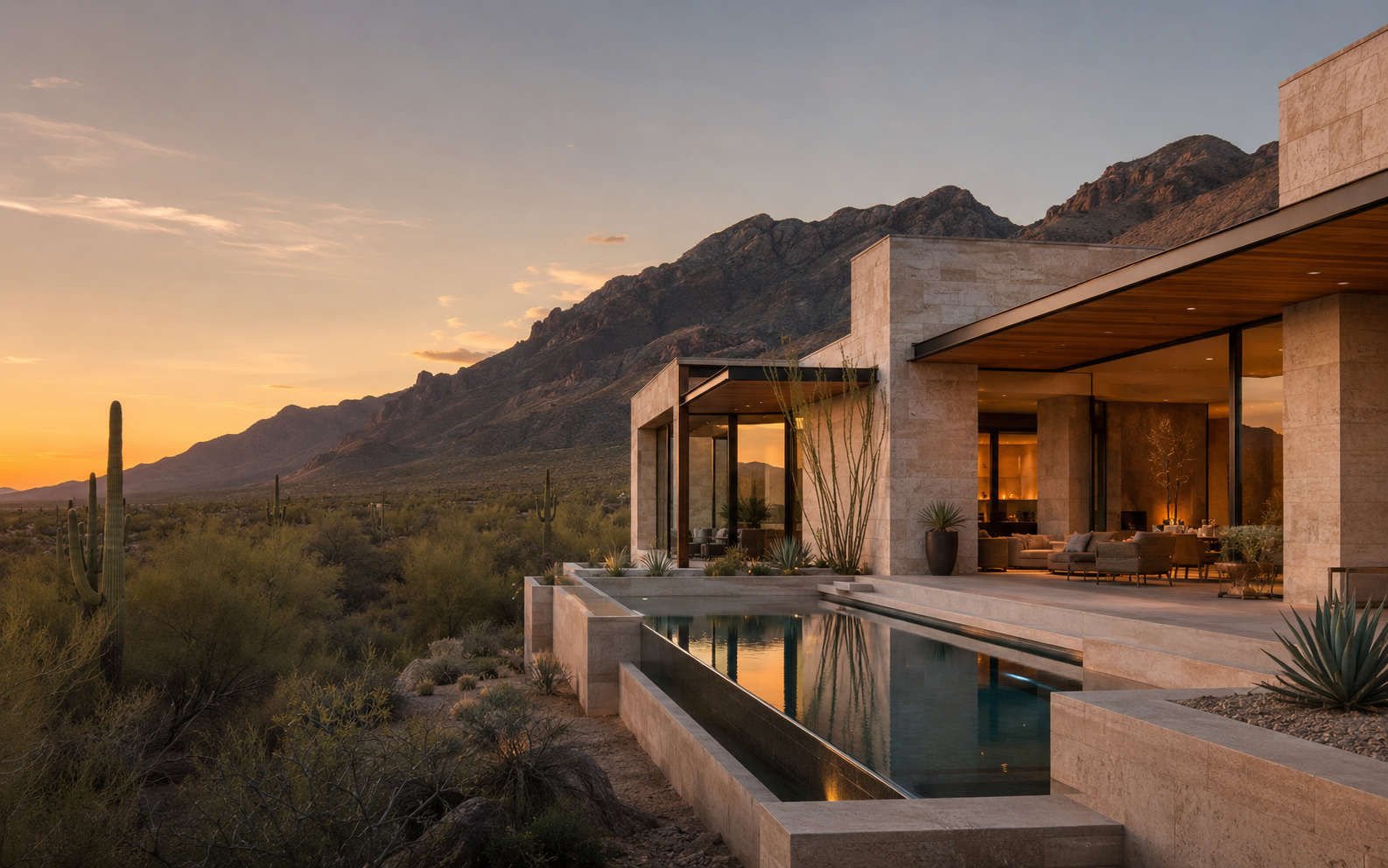 Contemporary Sonoran Desert luxury home with mountain views at golden hour